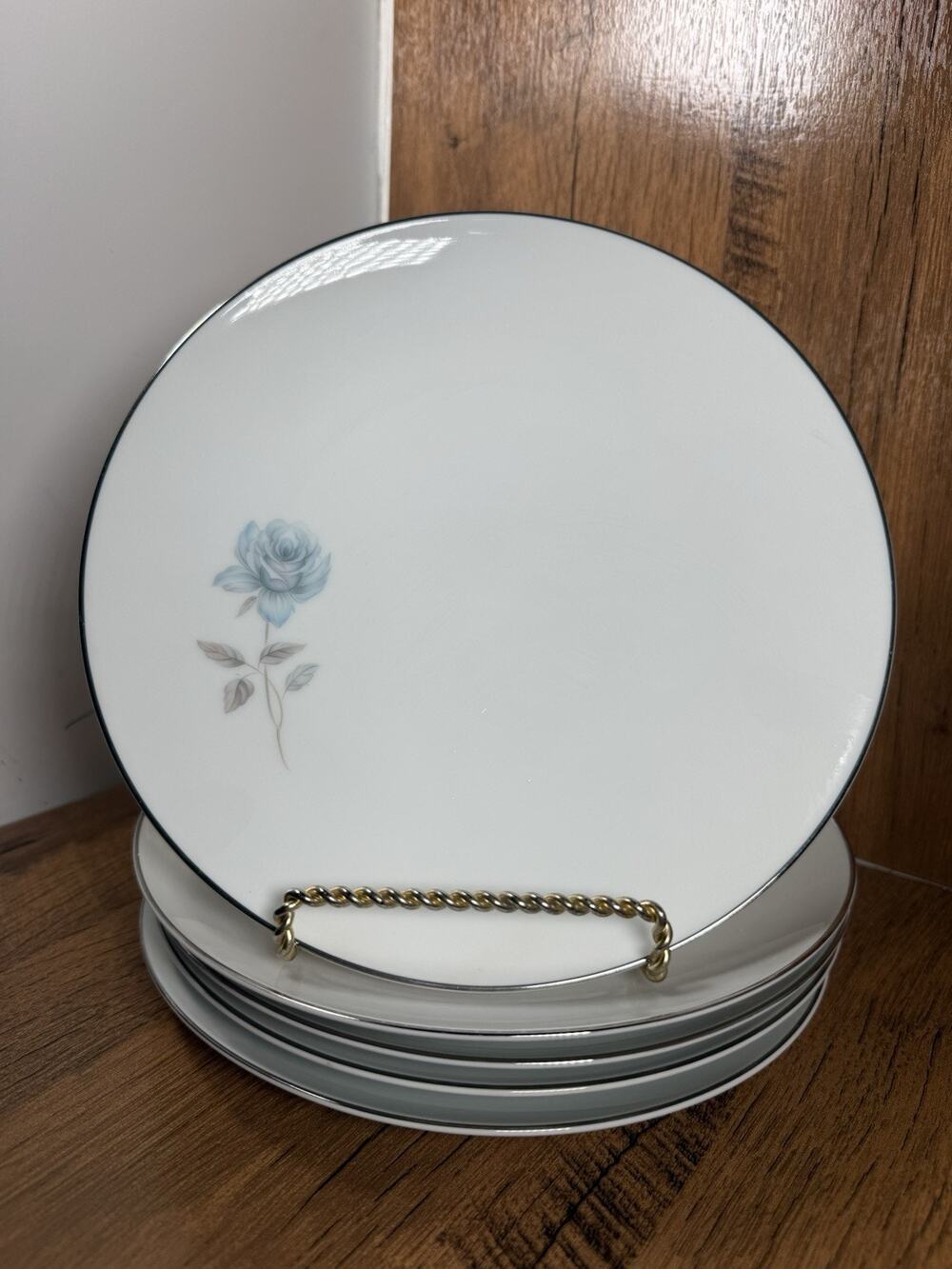 5 Vintage Noritake China Simone 8" Salad Plates Blue Rose Platinum